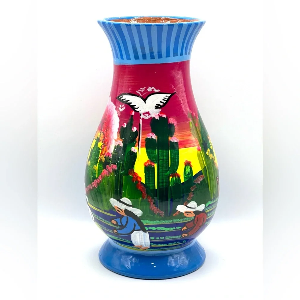 Mexican Talavera Folk Art Handpainted Colorful Flower Decorative Vase 8.5 in